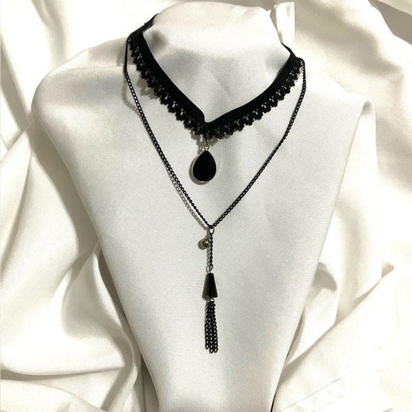 Black Choker Jewelry - Black Glass Pendant on Stretchy Lace Choker & Black Tasseled Chain